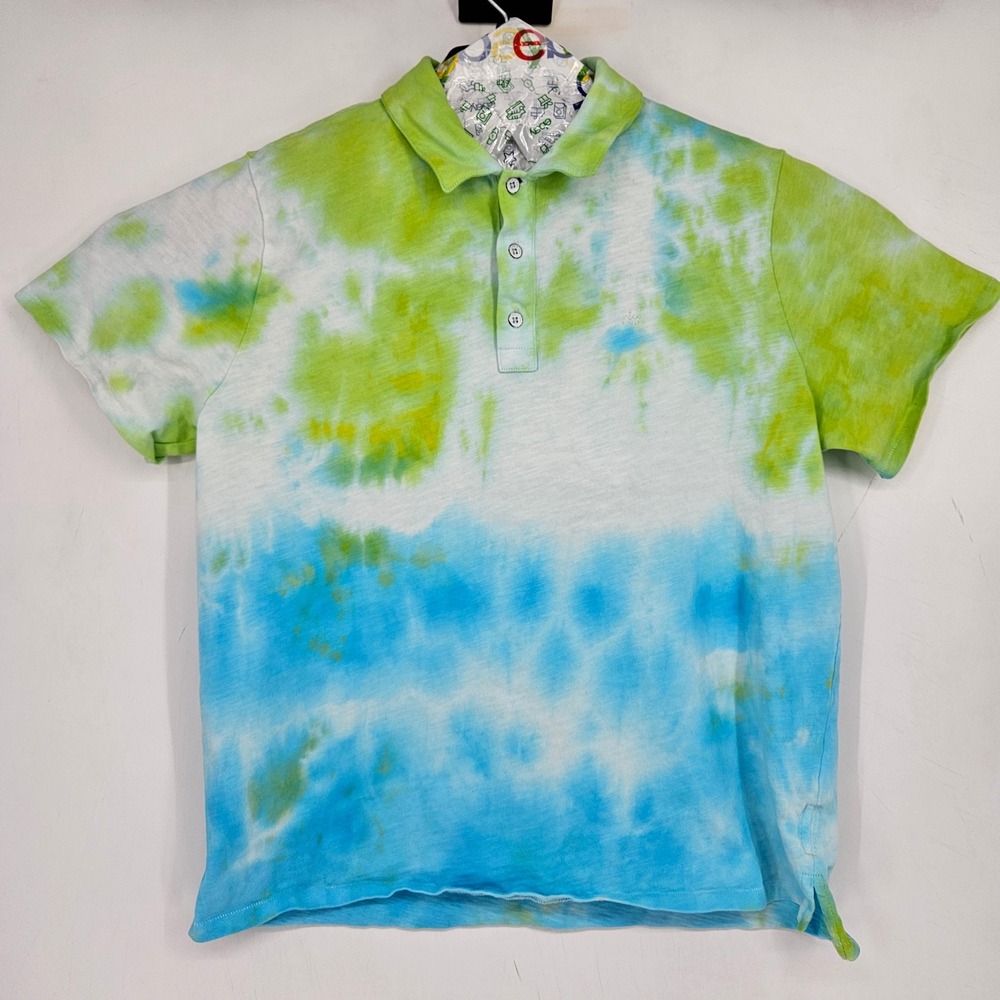 Rag & Bone Shirt Mens XL Short Sleeve Casual Preppy Tie Dye Polo Green Blue